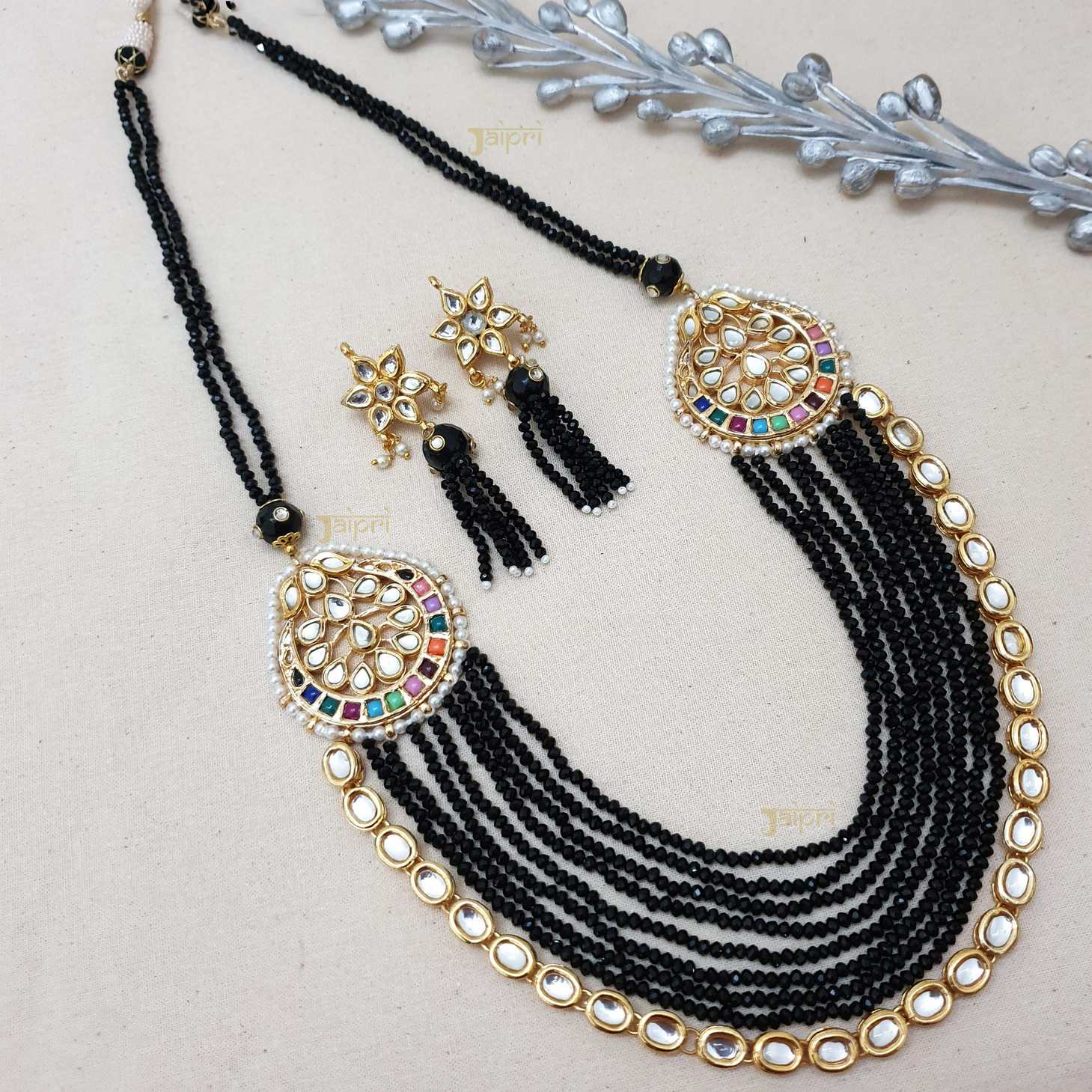 Designer Kundan & Black Beads Stone Gold Necklace With Earrings