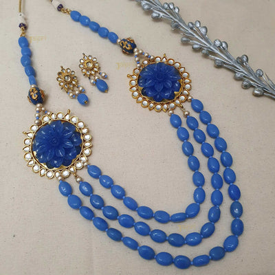 Floral Blue Beads Stone Three Layer Necklace With Earrings