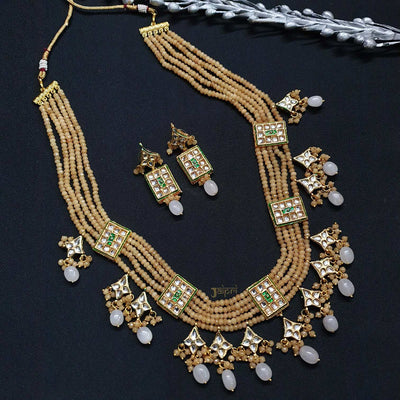 Designer Kundan & Peach Beads Stone Necklace With Earrings