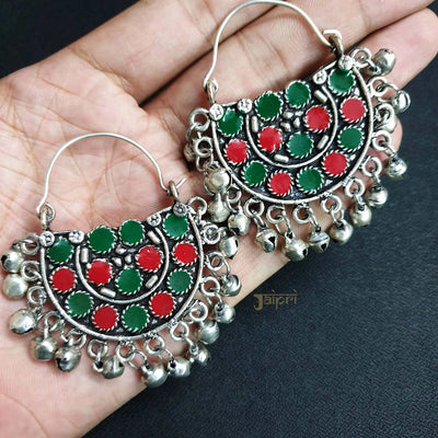 Green & Red Oxidized Chandbali Hoops Earrings