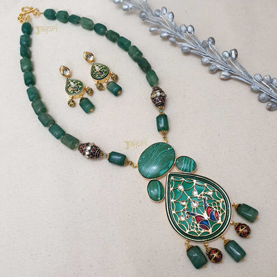 Green Beads Stone & Meenakari Fusion Pendant With Earrings