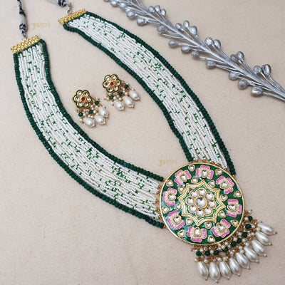 Floral Pink & Green Meenakari Pendant With Earrings