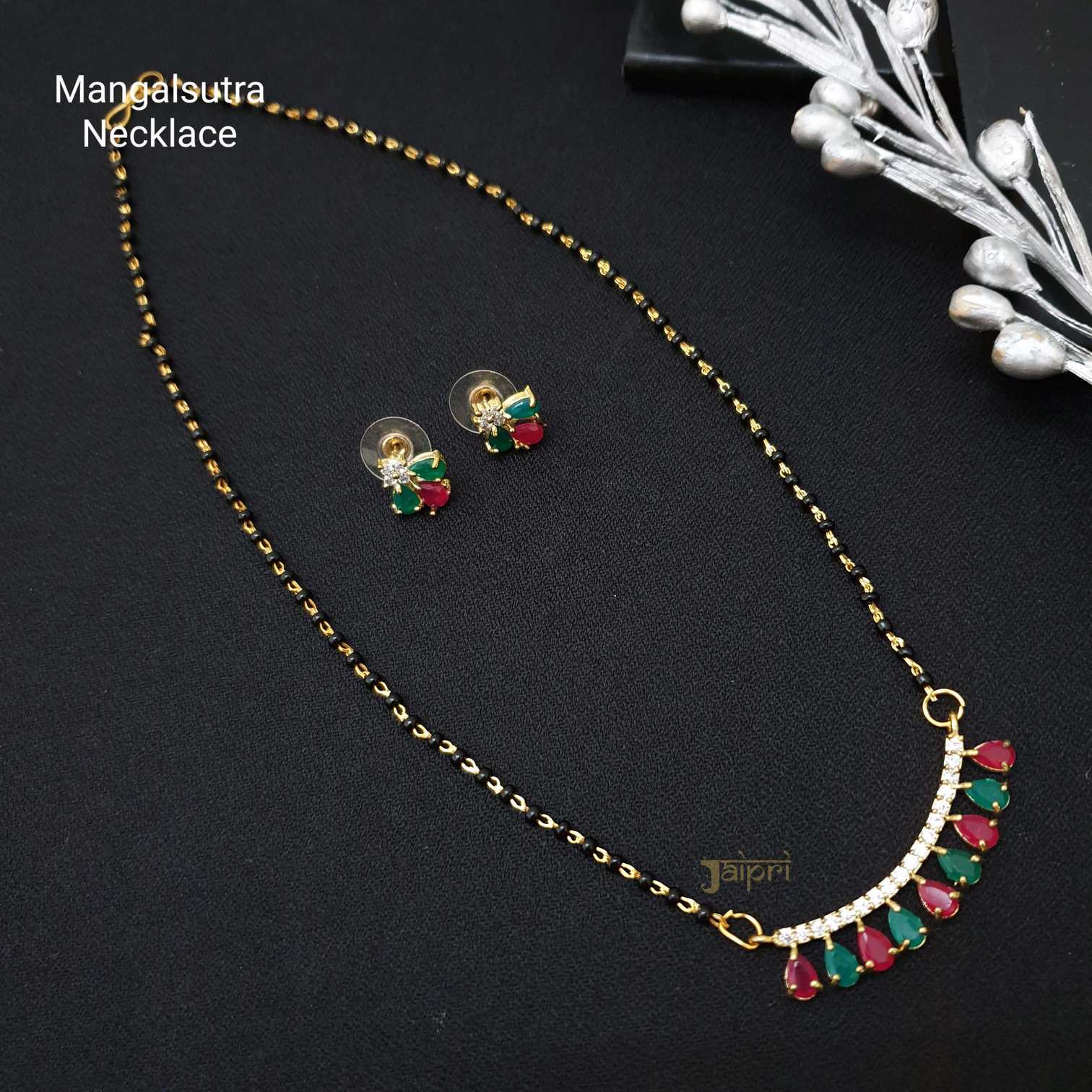 Green & Ruby With AD Stone Tear-Drop Mangalsutra With Earrings