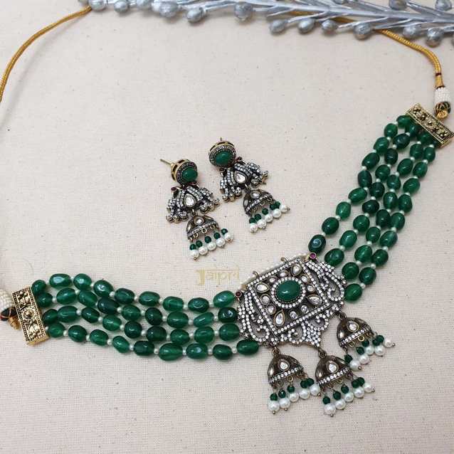 Green Stone Beautiful Necklace With Jhumki Earrings