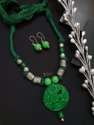 Floral Design, Green Stone Necklace With Earrings