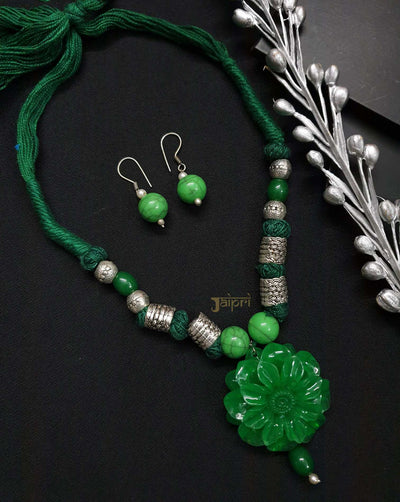 Floral Design, Green Stone Necklace With Earrings