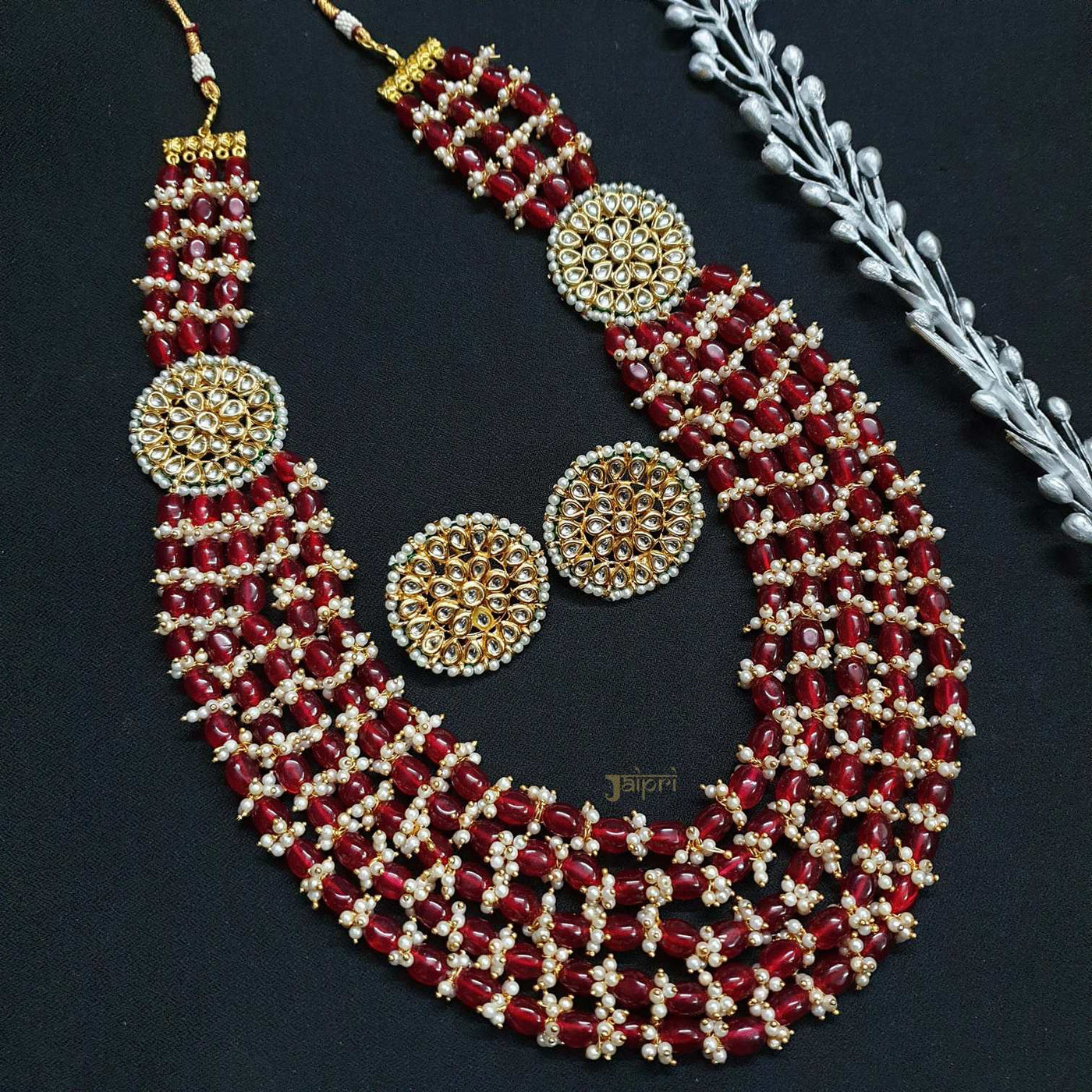 Kundan & Ruby With Pearl Beads Stone Statement Necklace With Earrings