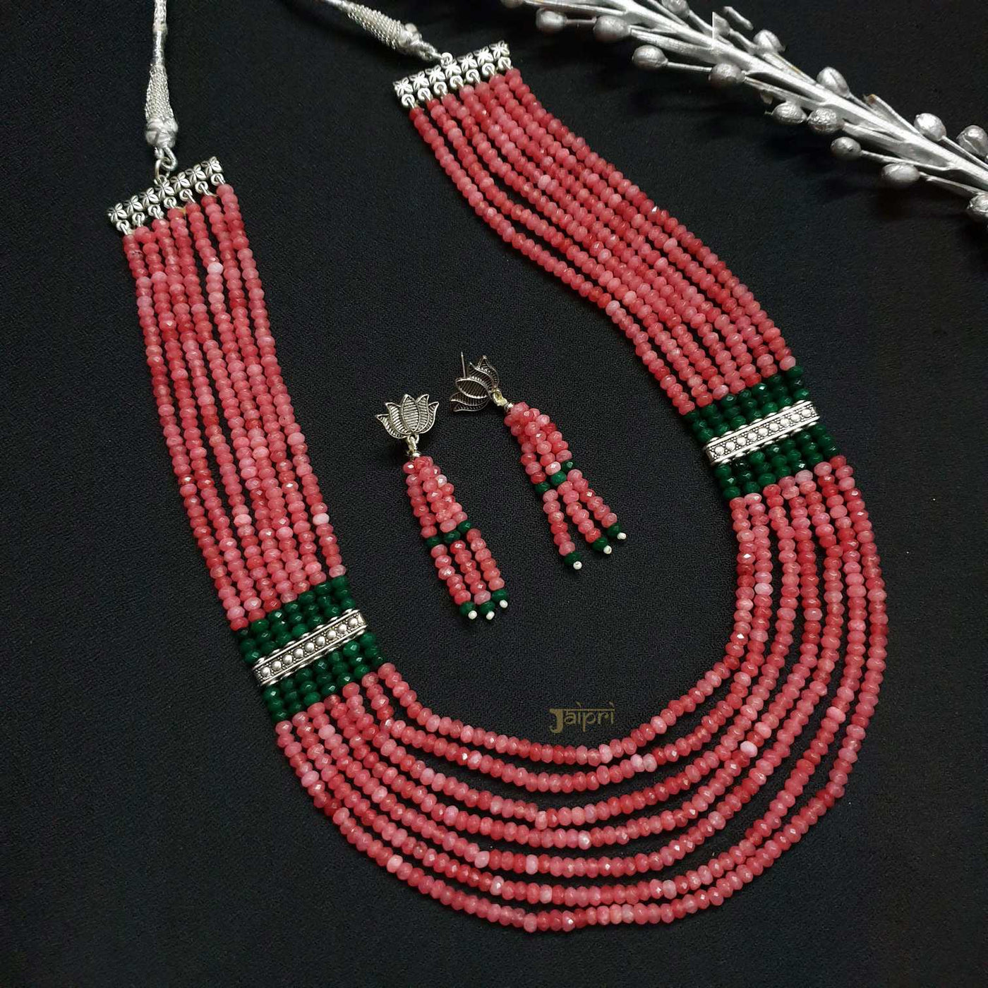 Multilayered Red & Green Beads Stone Necklace With Earrings
