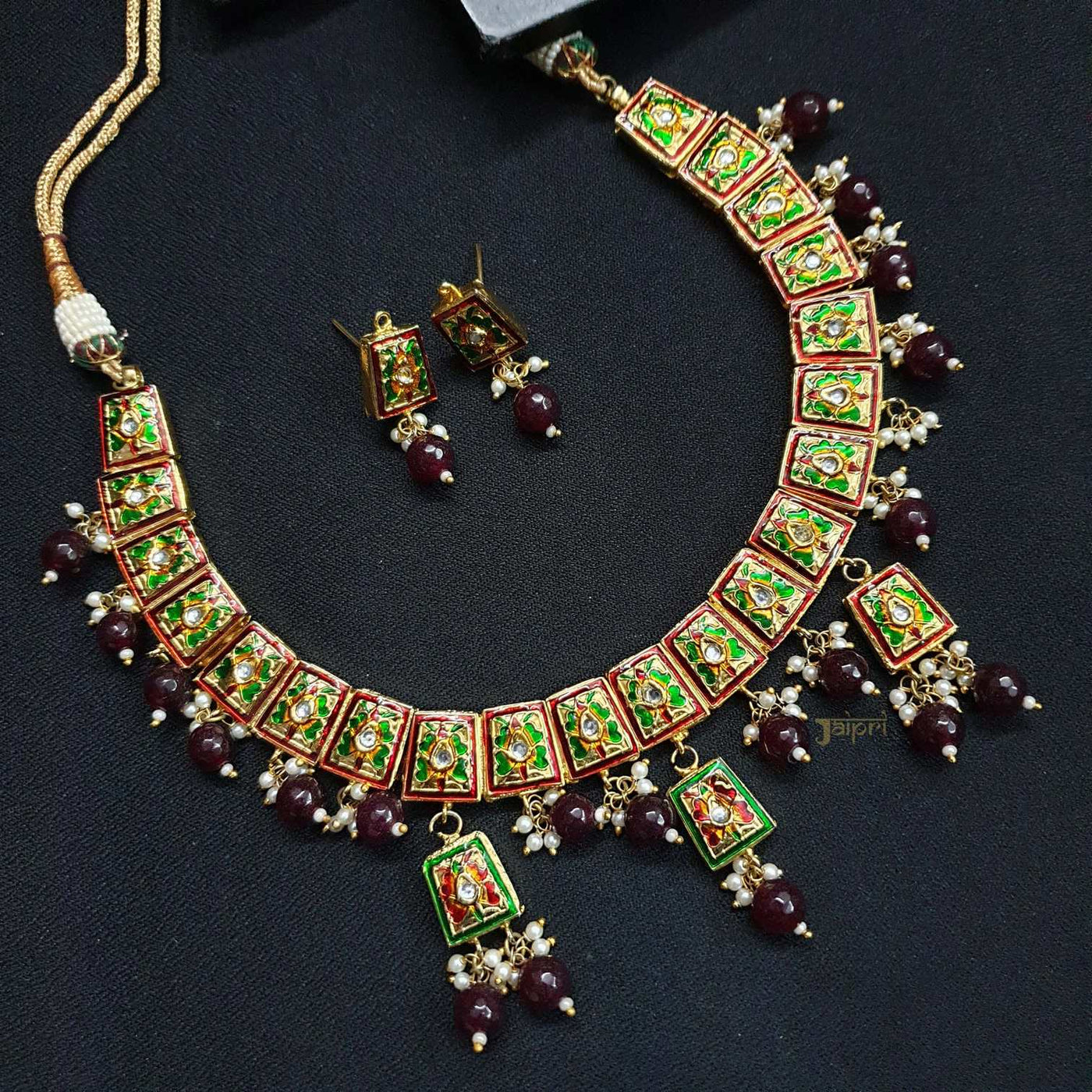Green & Red Meenakari Thread Necklace With Earrings
