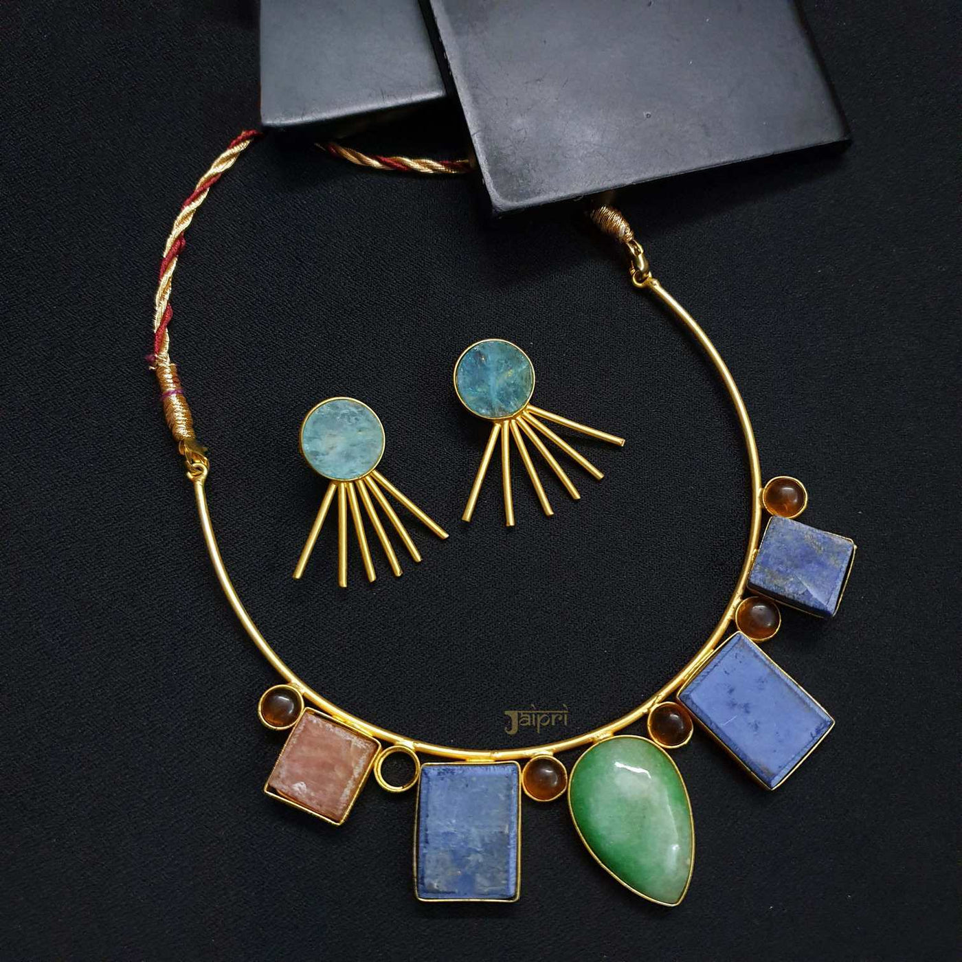 Multicolor Natural Stone Gold Choker Necklace With Earrings