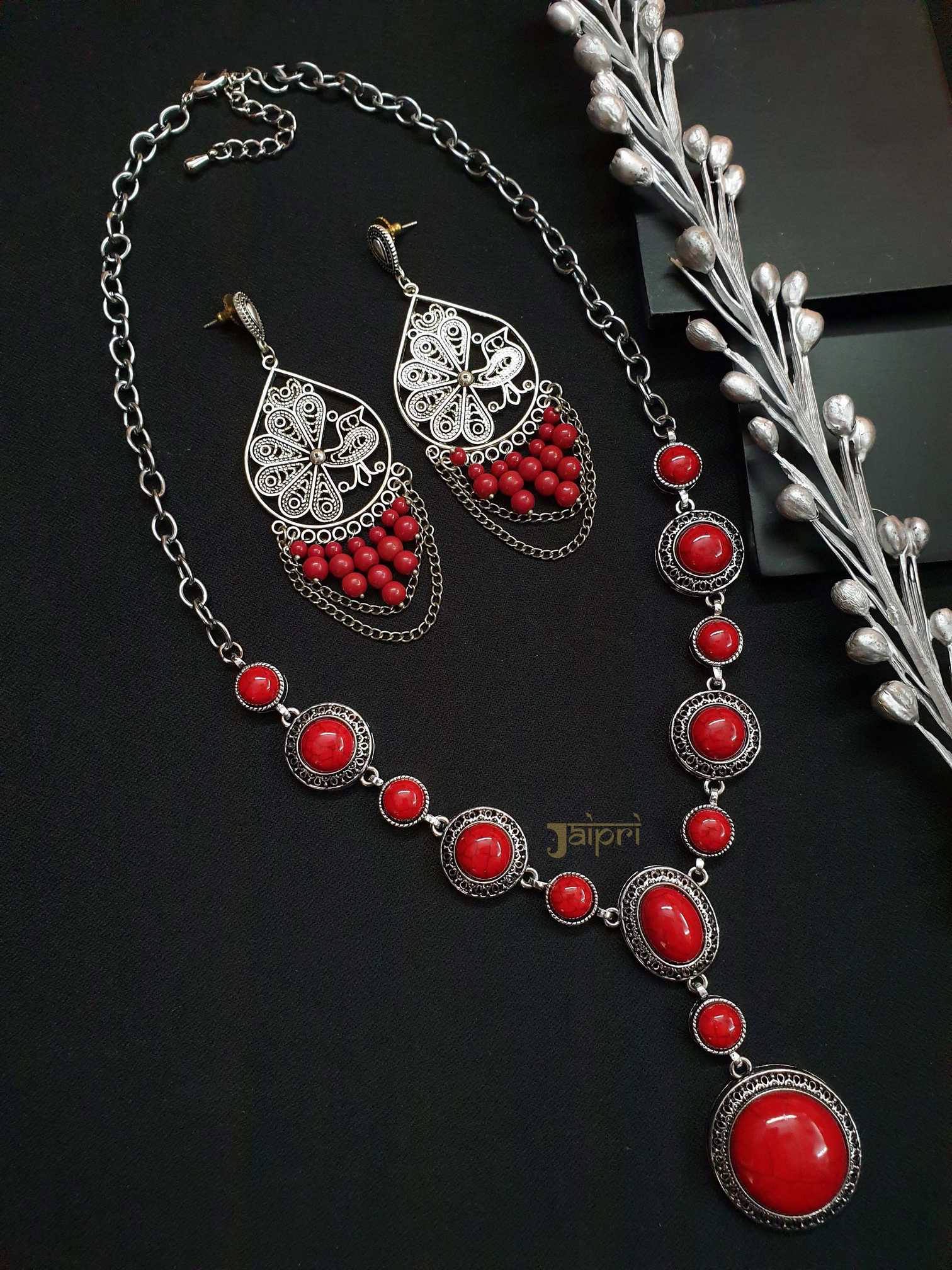 Designer Red Stone, Floral Necklace With Earrings