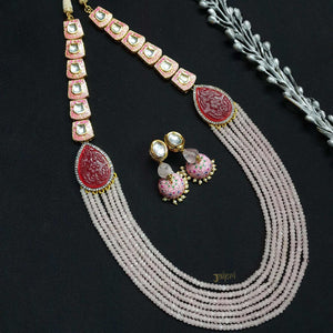 Red Meenakari & Kundan Pearl Beads Stone Necklace With Earrings