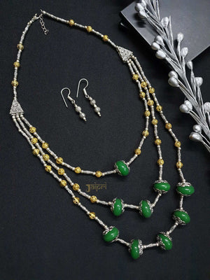 Green Stone, Oxidized Necklace With Earrings