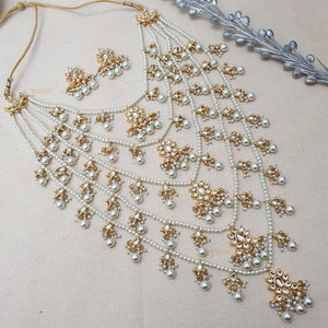 Floral Kundan & Multilayered Pearl Beads Stone Necklace With Earrings