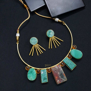 Turquoise Natural Stone Gold Choker Necklace With Earrings