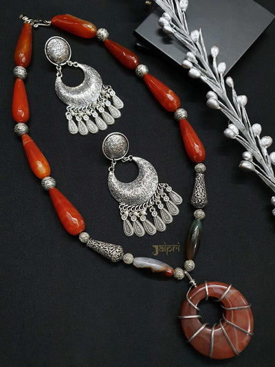 Designer Mehroon Stone, Oxidized Necklace With Chand-Bali Earrings