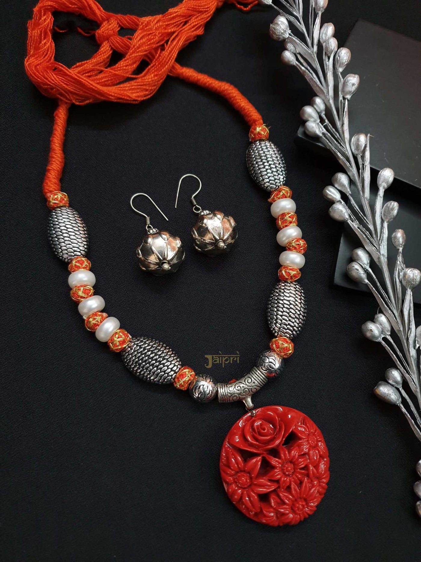 Floral Design, Red Stone Oxidized Necklace With Earrings