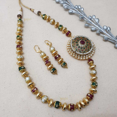 Designer Kundan & Multicolor Beads Stone Necklace With Earrings