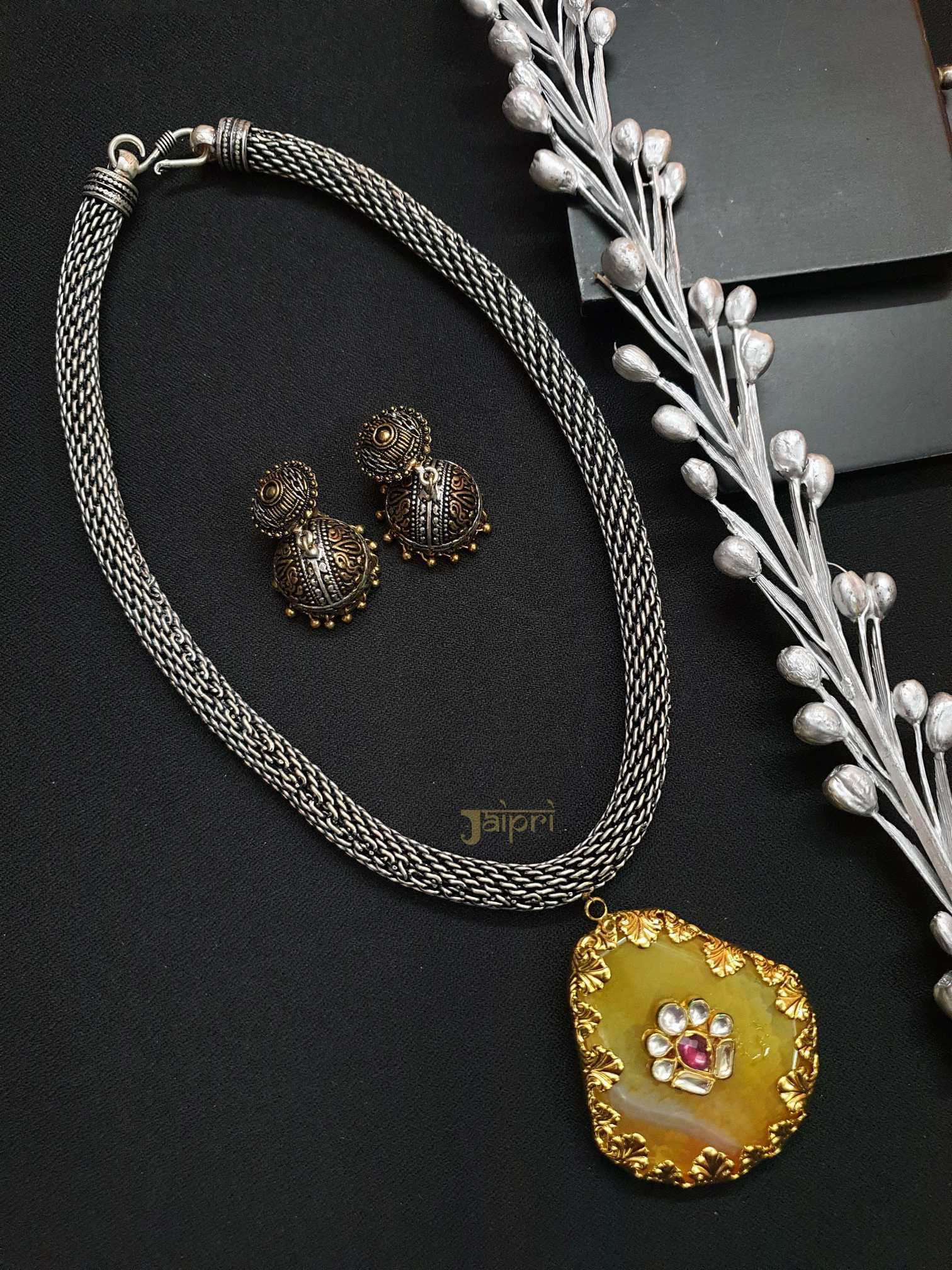 Yellow Stone, Kundan Necklace With Jhumki Earrings