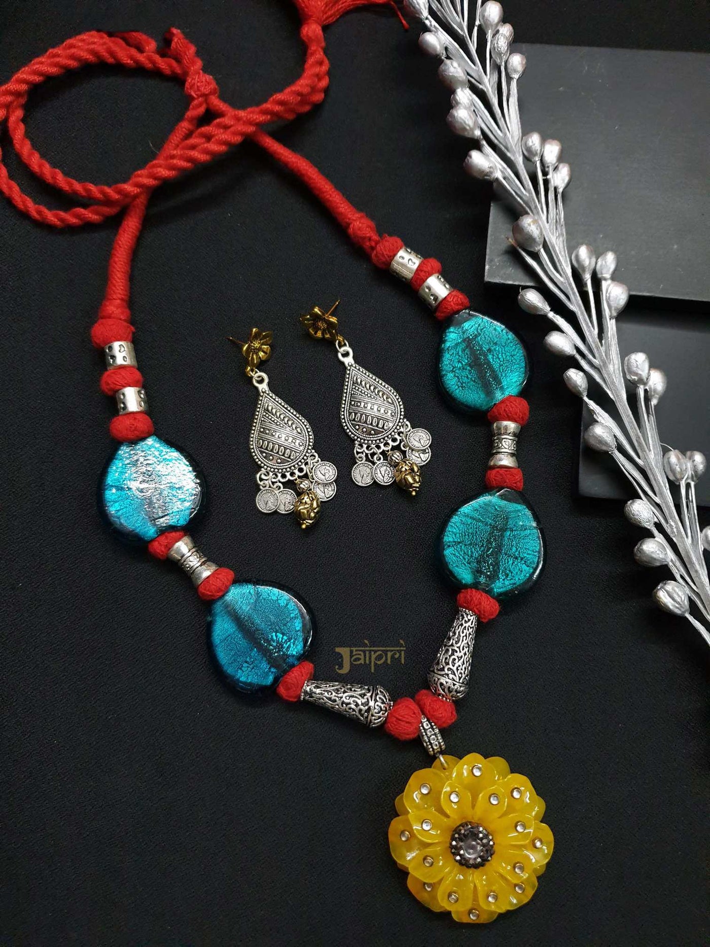 Yellow & Turquoise Stone, Floral Necklace With Earrings