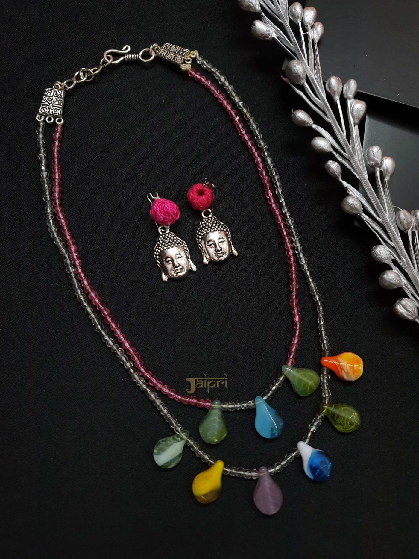 Double Layer, Multicolor Stone Necklace With Earrings