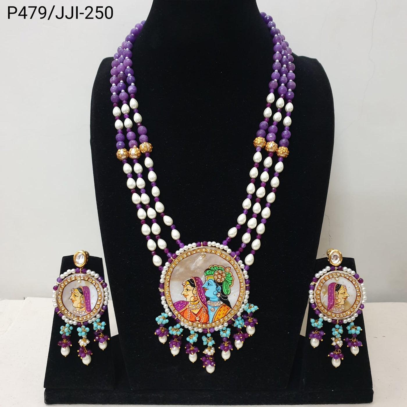 Handpainted Beautiful Radha Krishna Pendant Set With Earrings