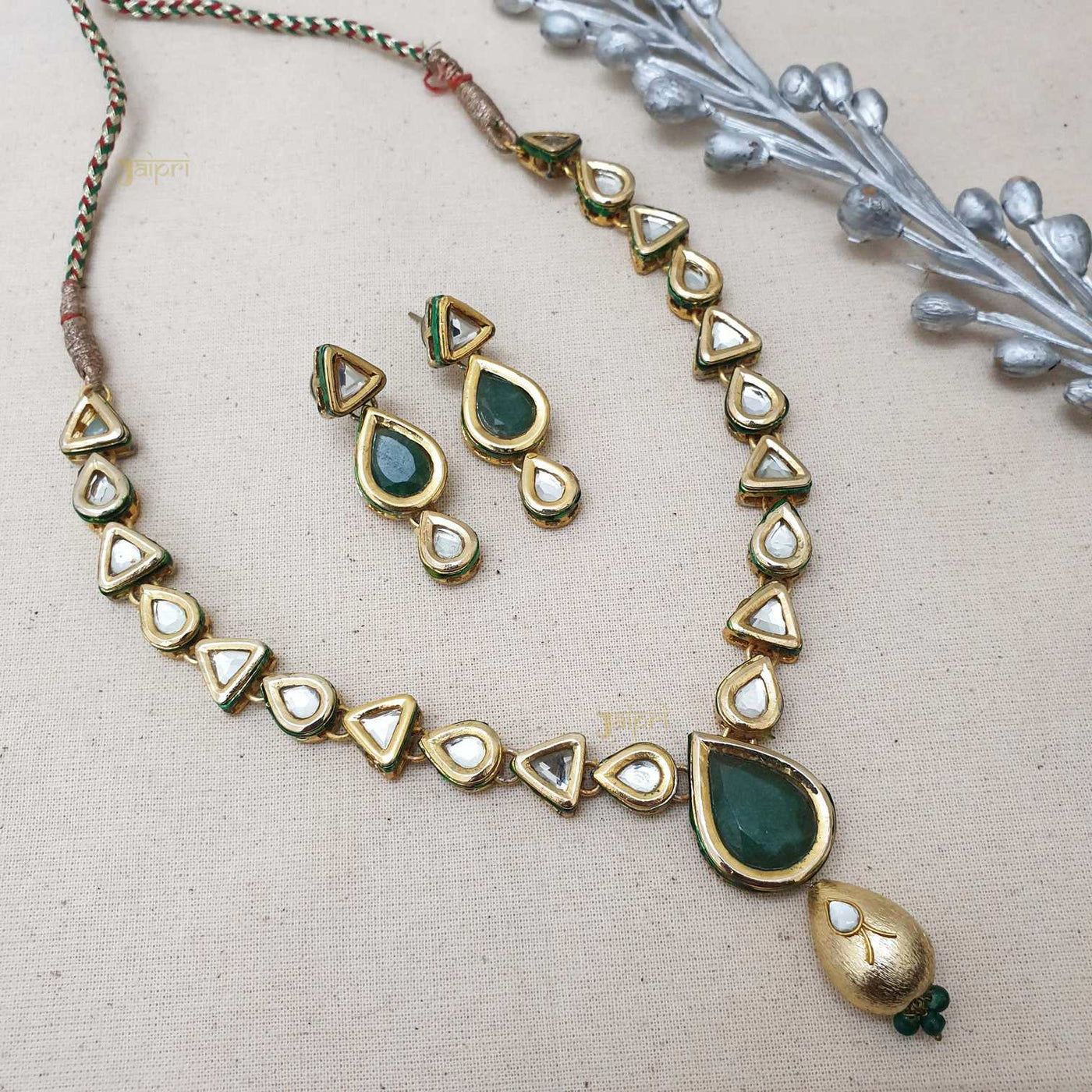 Tear-Drop Kundan & Green Beads Stone Necklace With Earrings