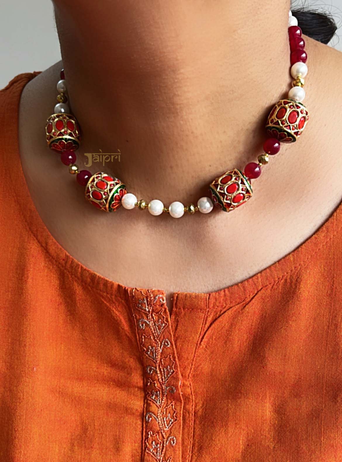 Red & White Stone Beads Necklace With Earrings