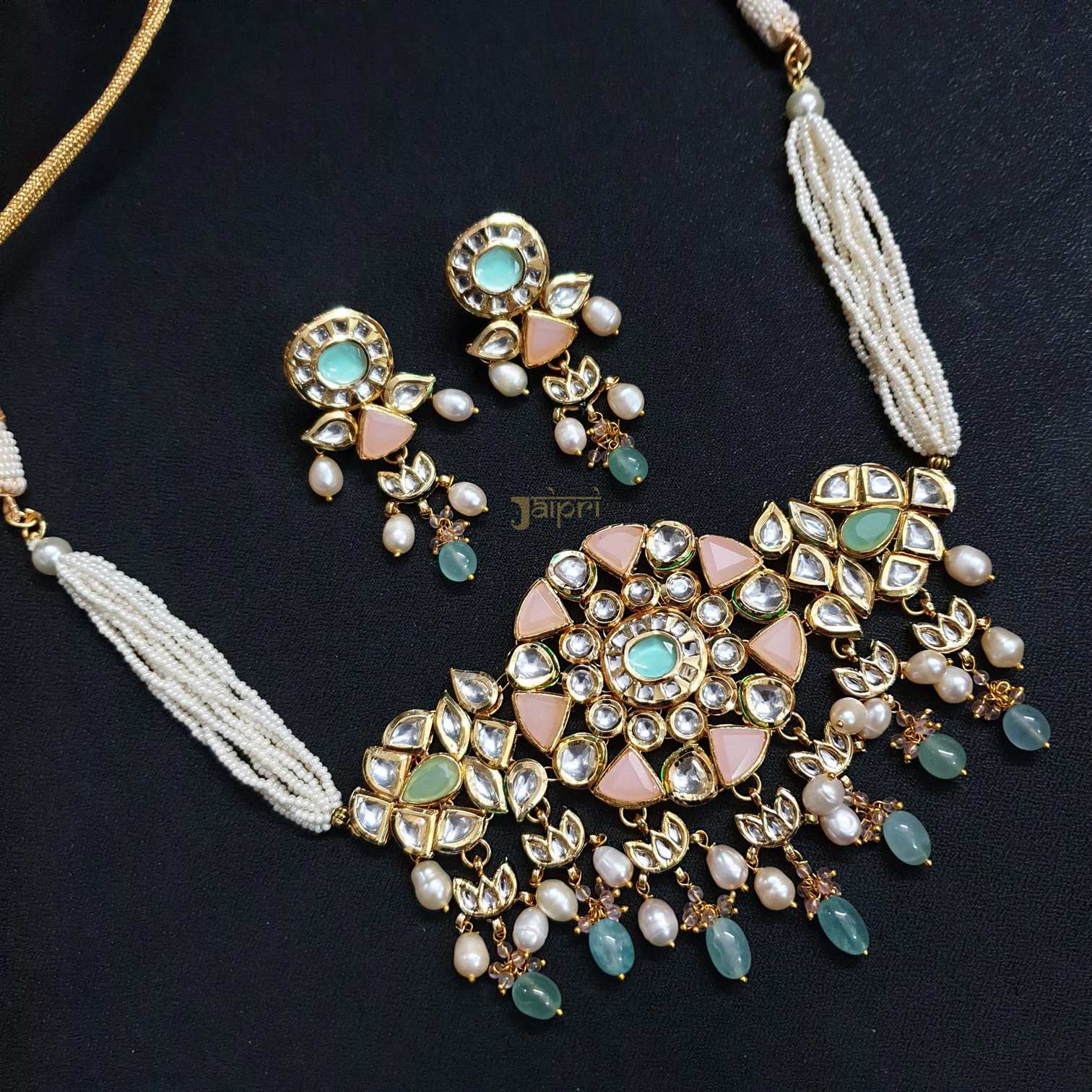 Floral Pearl Beads & Aqua Stone Kundan Choker With Earrings