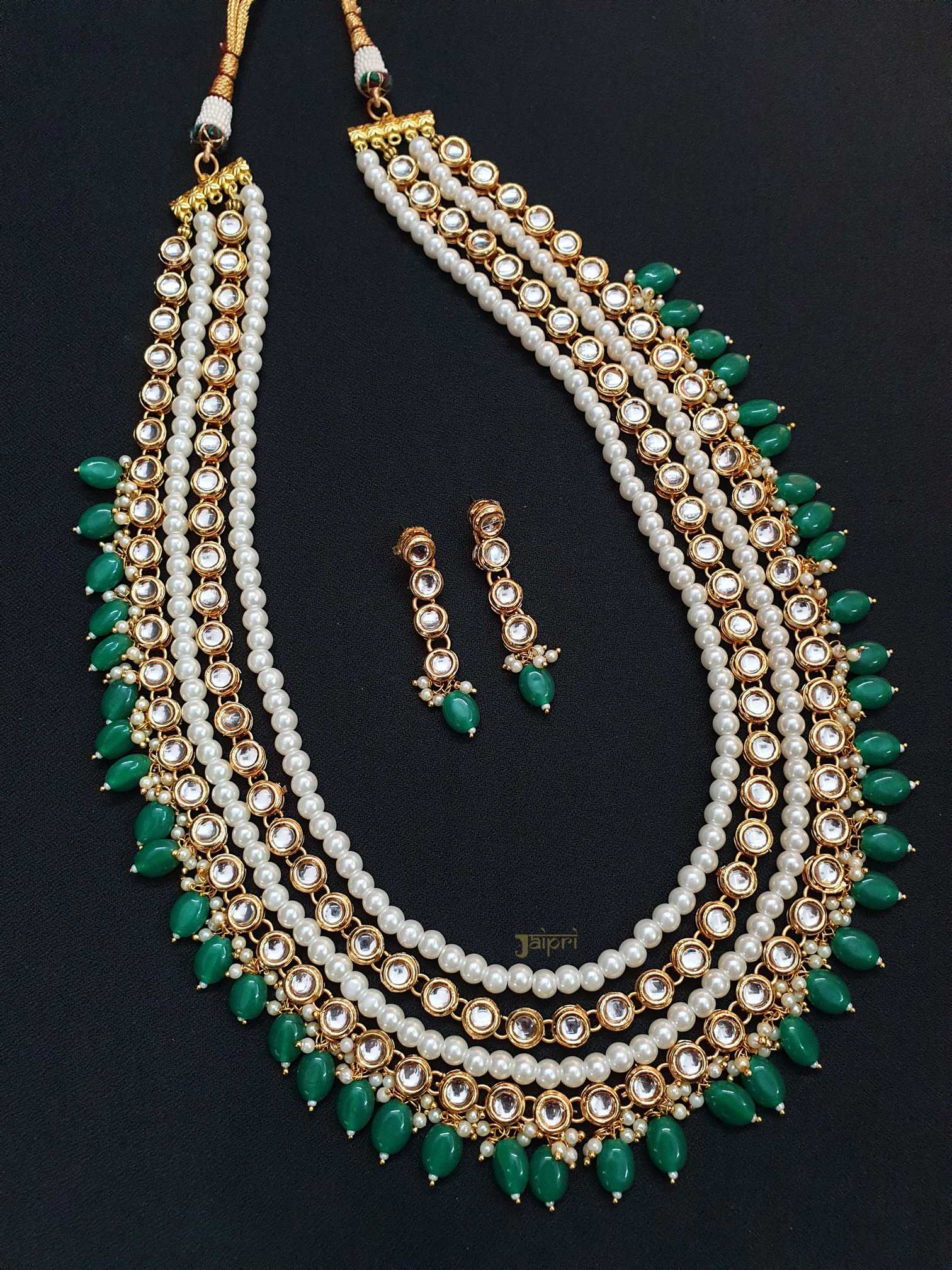 Kundan & Pearl With Green Beads Stone Long Necklace With Earrings