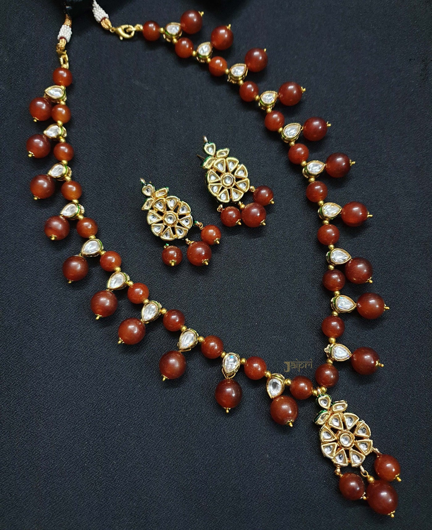 Kundan Stone Beading Necklace Set With Earrings