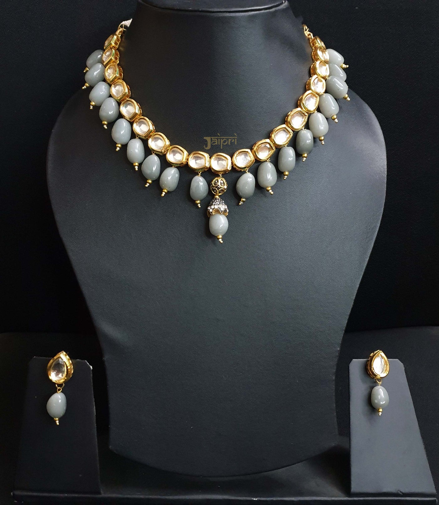 Grey Stone Kundan Necklace With Earrings