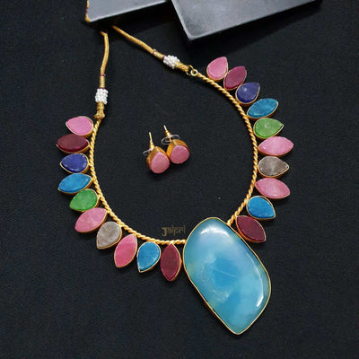Multicolor Stone Unique Gold Necklace With Earrings