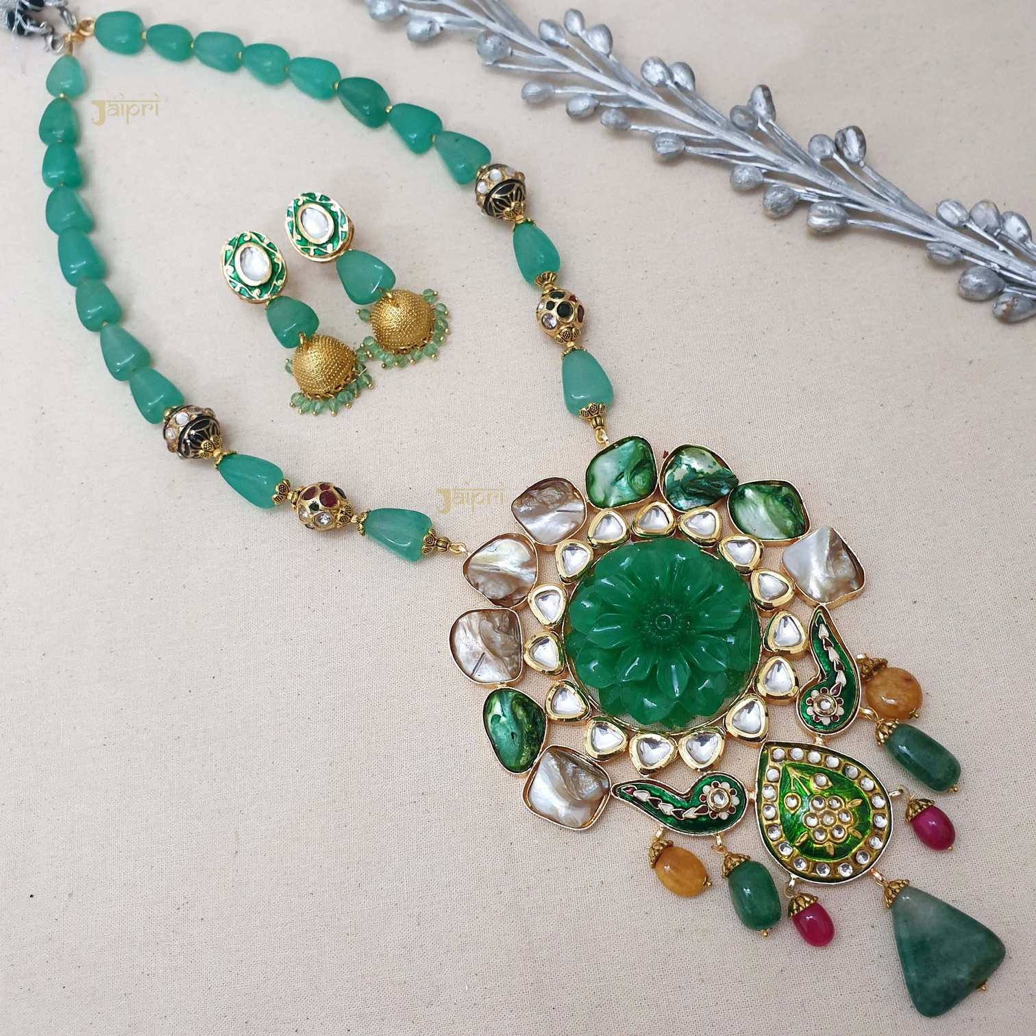 Floral Green Stone Fusion Statement Pendant With Jhumki Earrings
