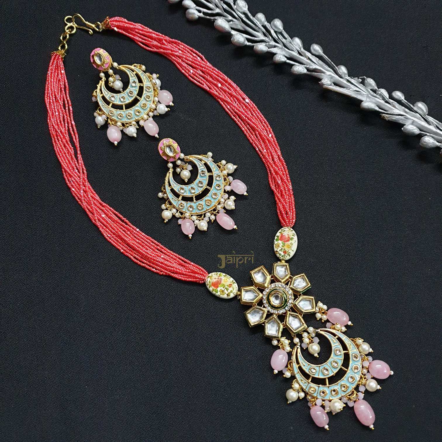 Floral Meenakari & Rose Quartz Stone Pendant With Earrings