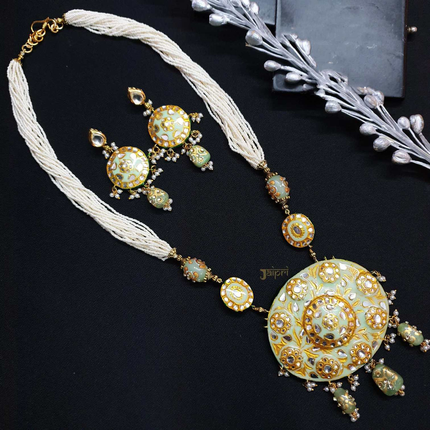 Pearl Stone Meenakari Gold Pendant With Earrings