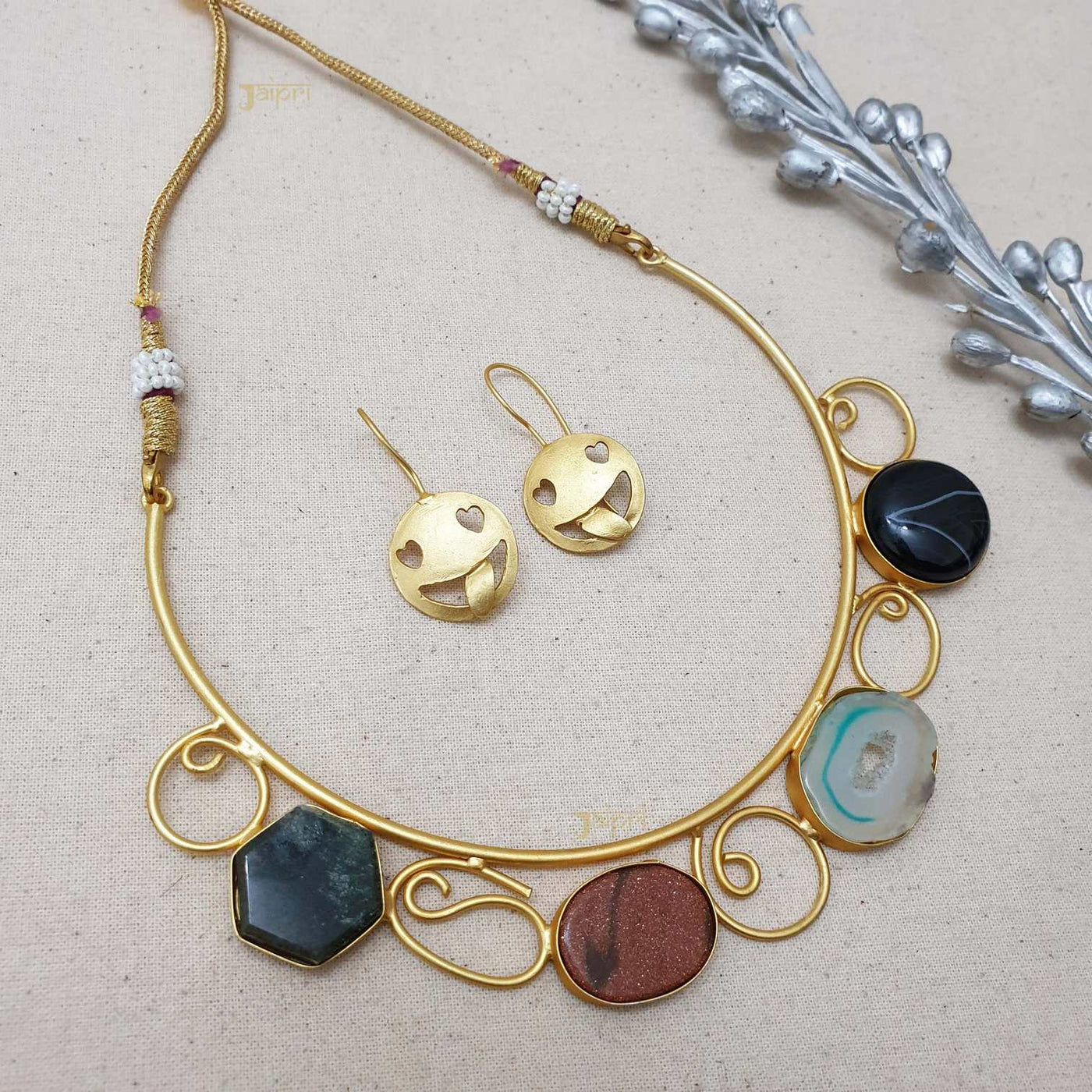 Adorable Multicolor Stone Thread Necklace With Emoji Earrings