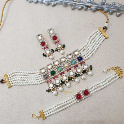 Multicolor Stone & Pearl Beads Choker Necklace & Earrings With Bracelet