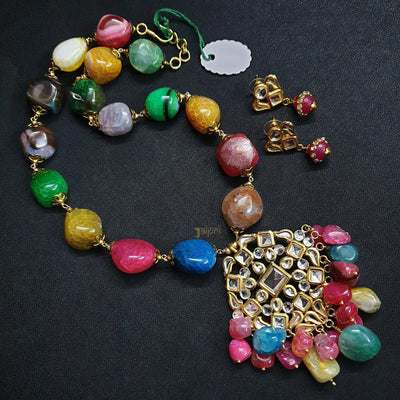 Multicolor Beads Stone Kundan Pendant With Earrings