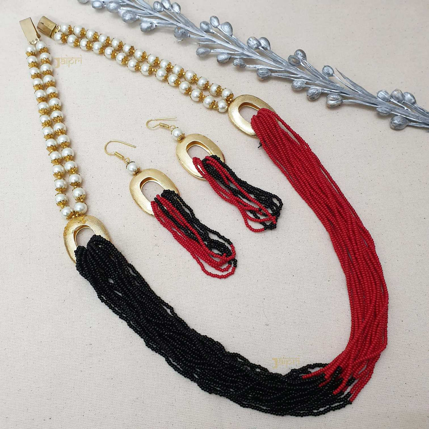 Adorable Black & Red Beads Stone Combination Necklace With Earrings
