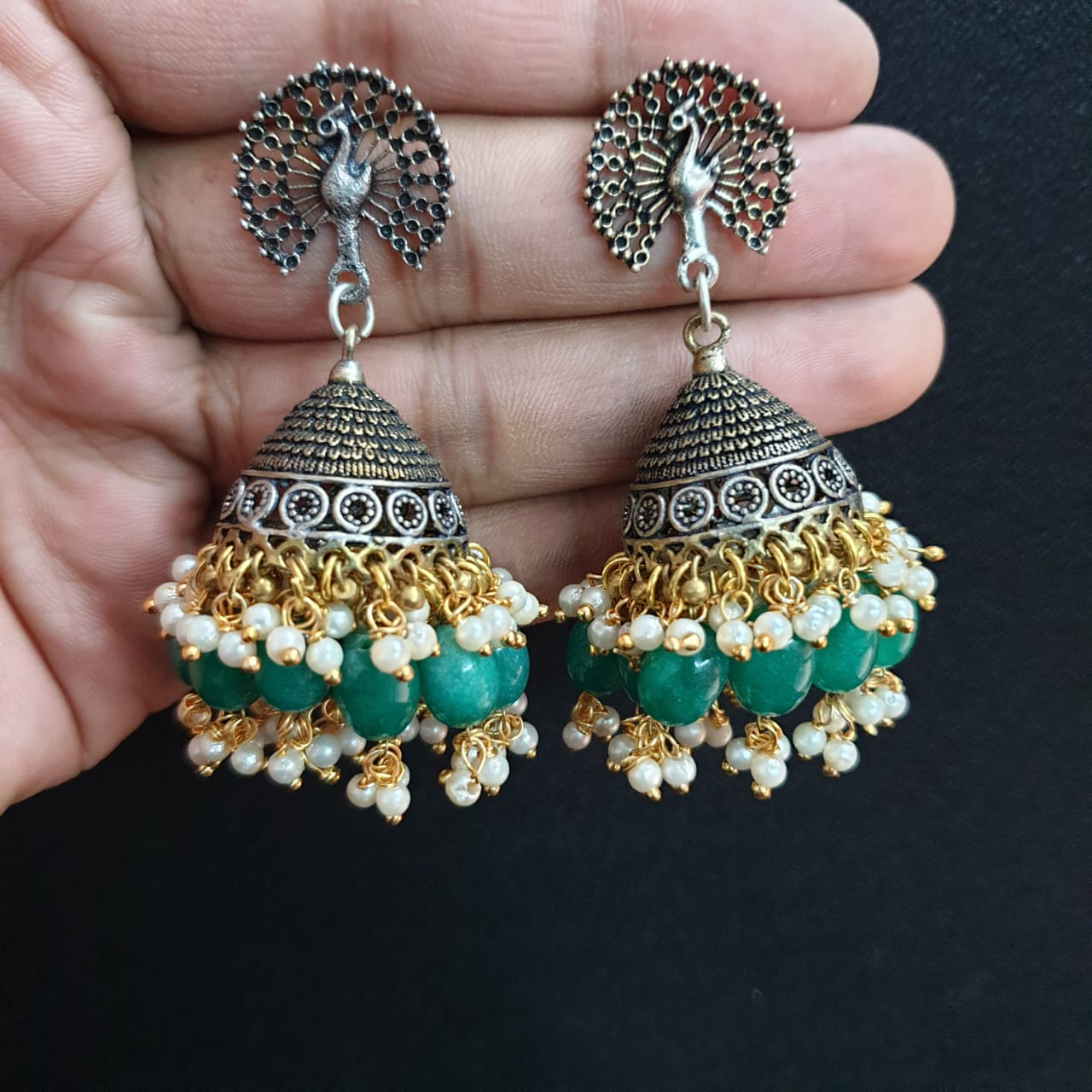 Peacock Design Emerald Green Stone Jhumki Earrings