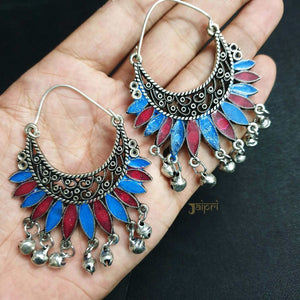 Blue & Red Oxidized Chandbali Hoops Earrings