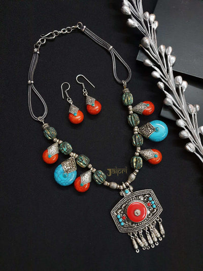 Tear-Drop Multicolor Stone, Choker Necklace With Earrings