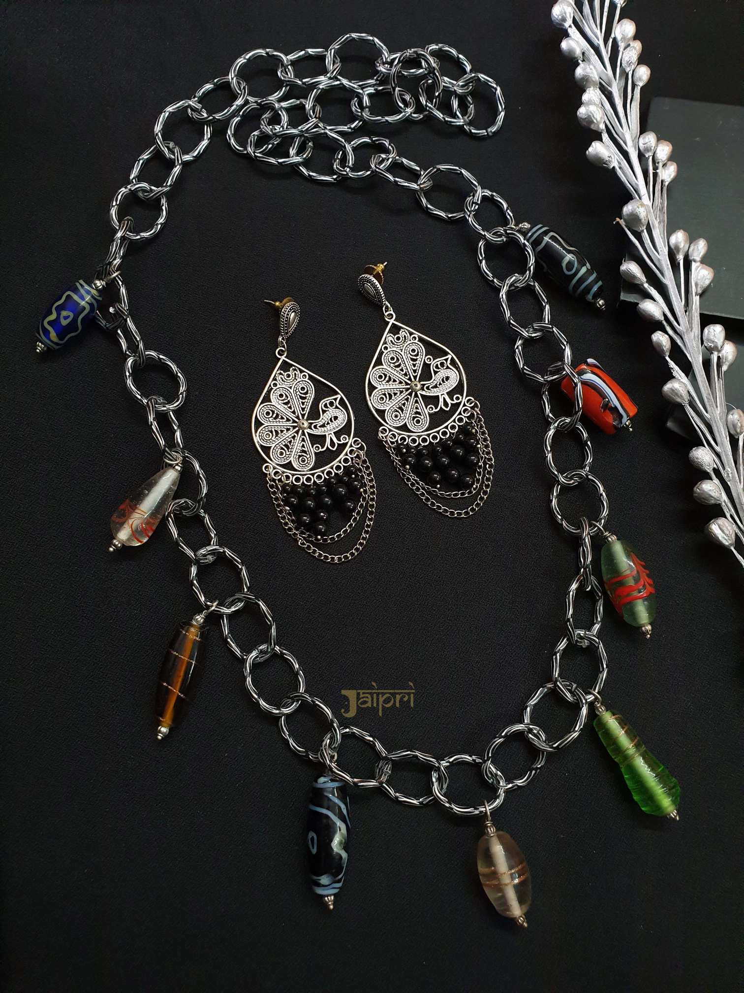 Multicolor Stone, Oxidized Necklace With Earrings