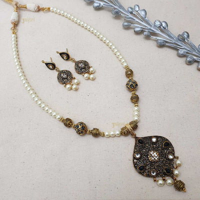 Pearl Beads Stone Meenakari Tear-Drop Pendant With Earrings