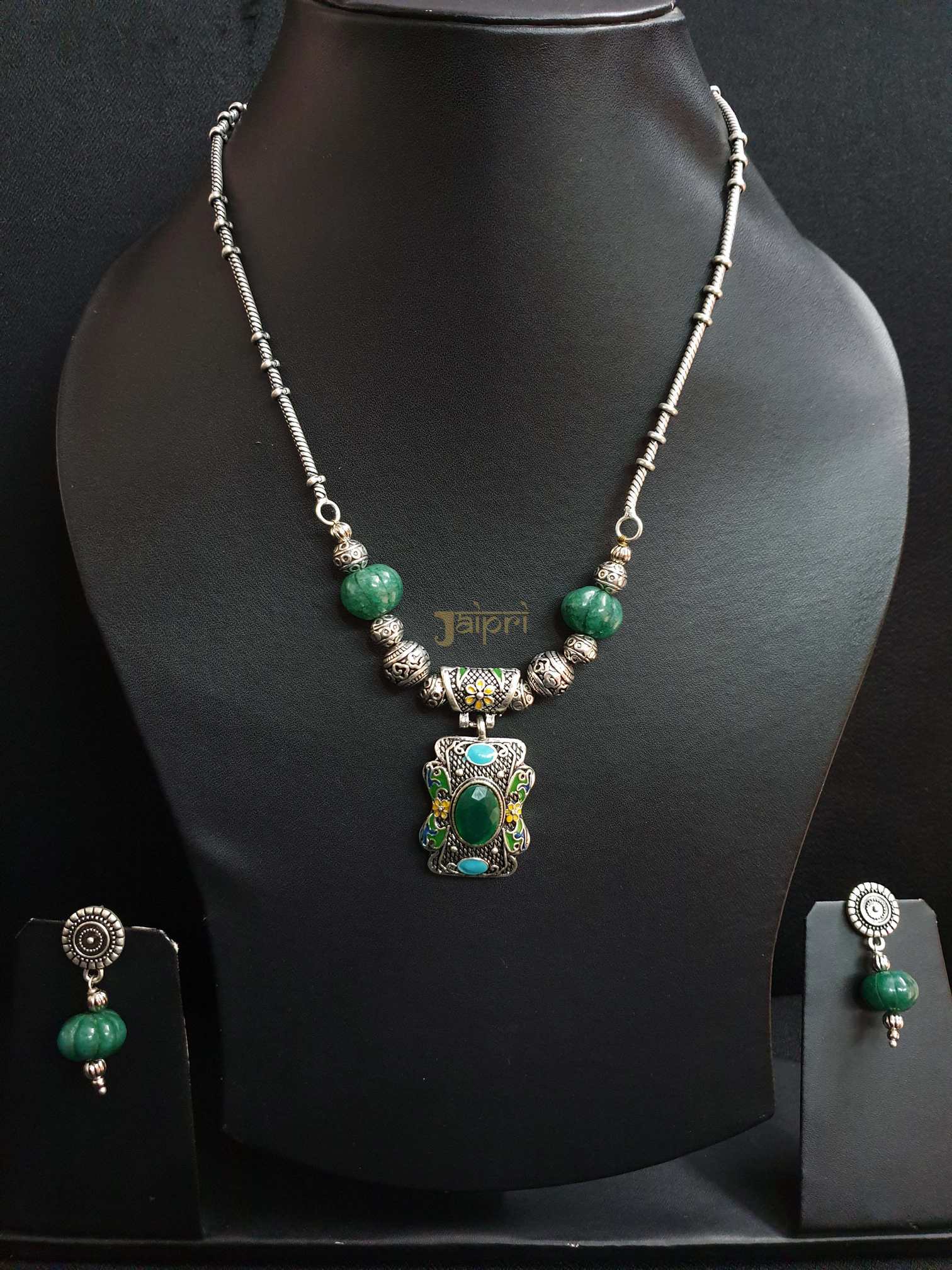 Green Stone Oxidized Necklace With Earrings