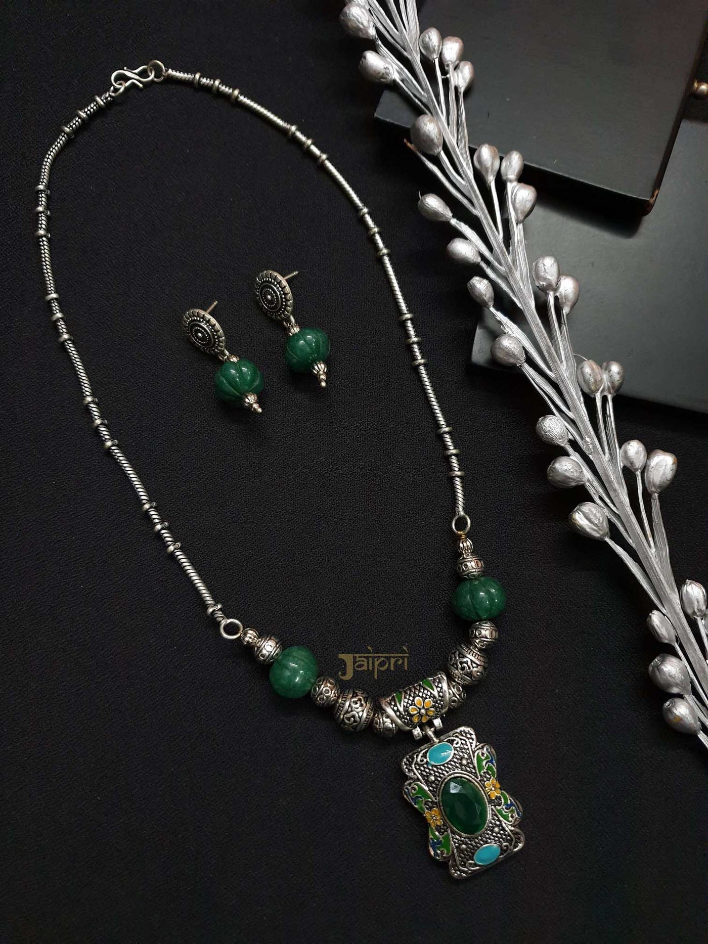 Green Stone Oxidized Necklace With Earrings