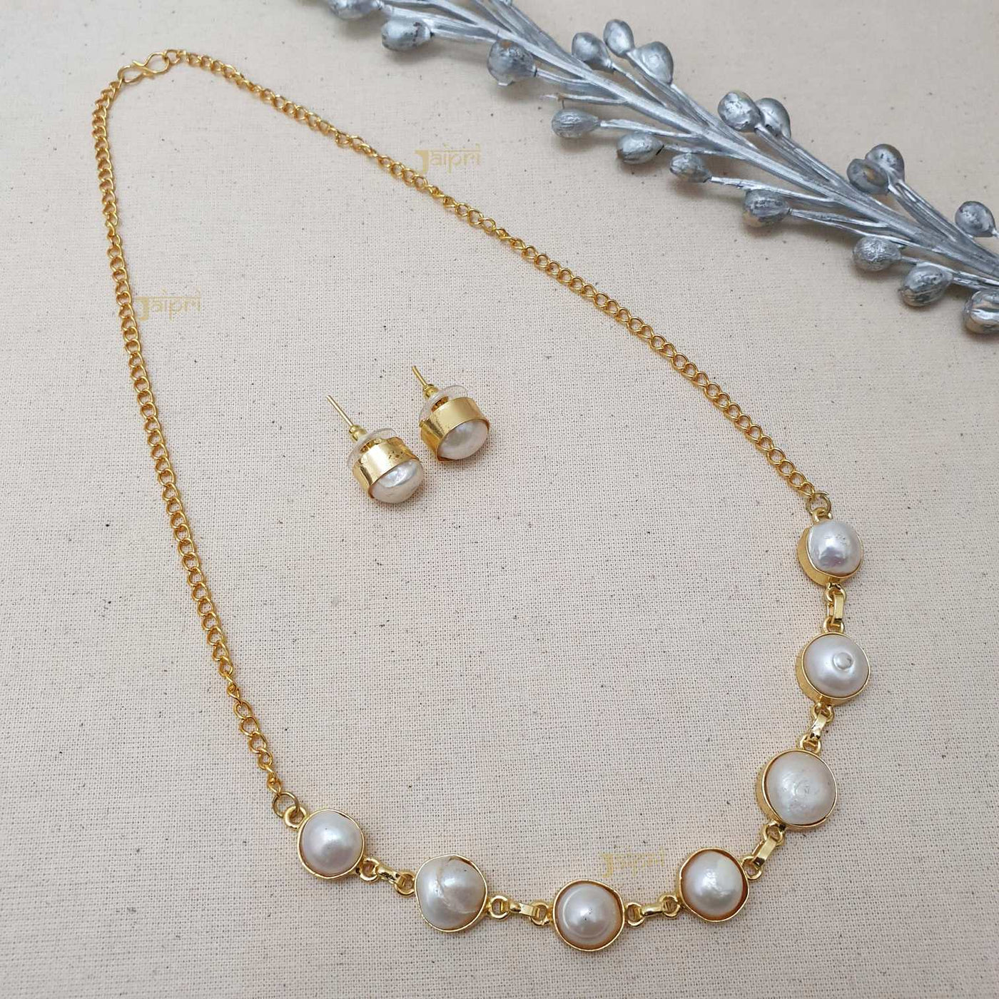 Pearl Beads Stone Beautiful Gold Necklace With Earrings