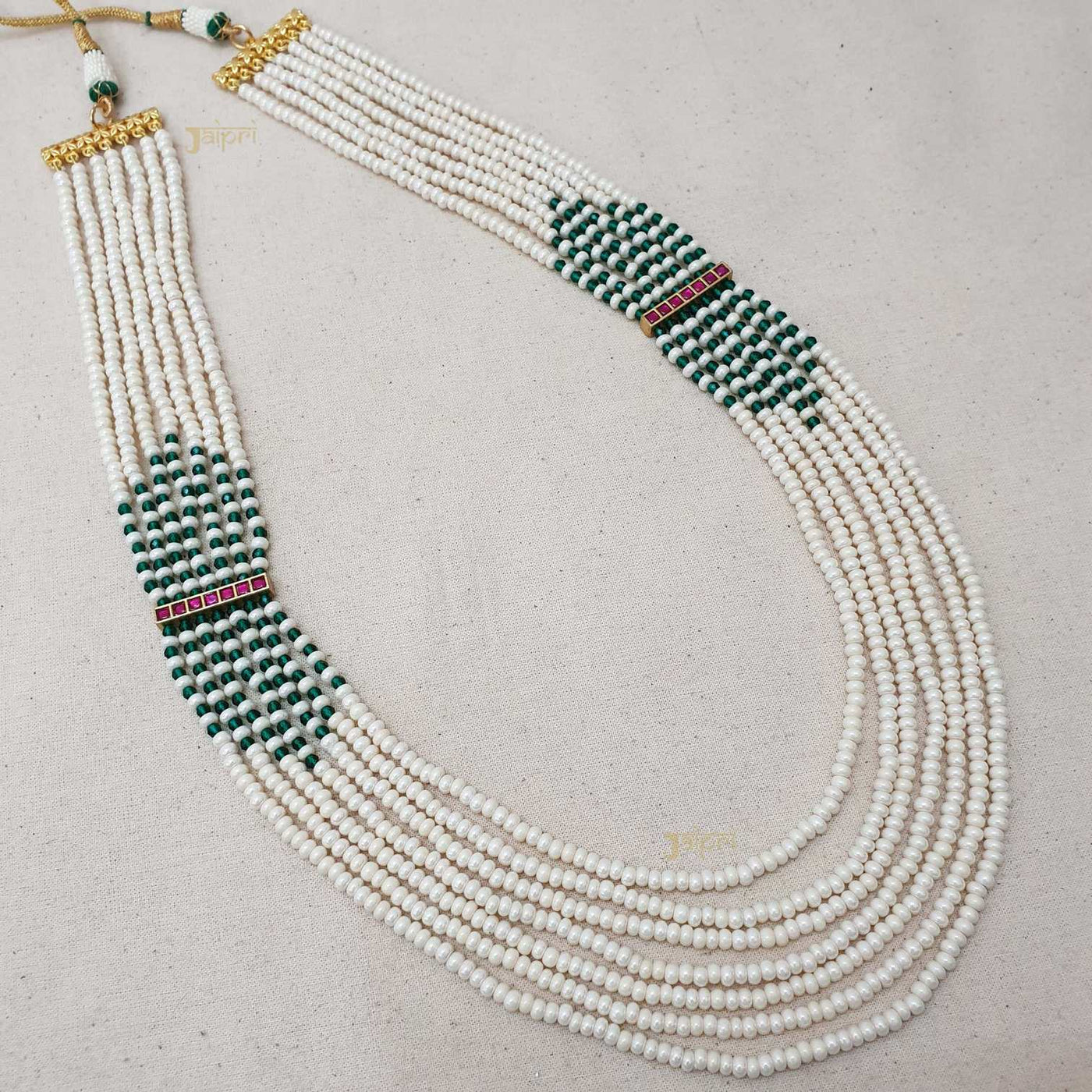 Pearl & Green Beads Stone Long Necklace