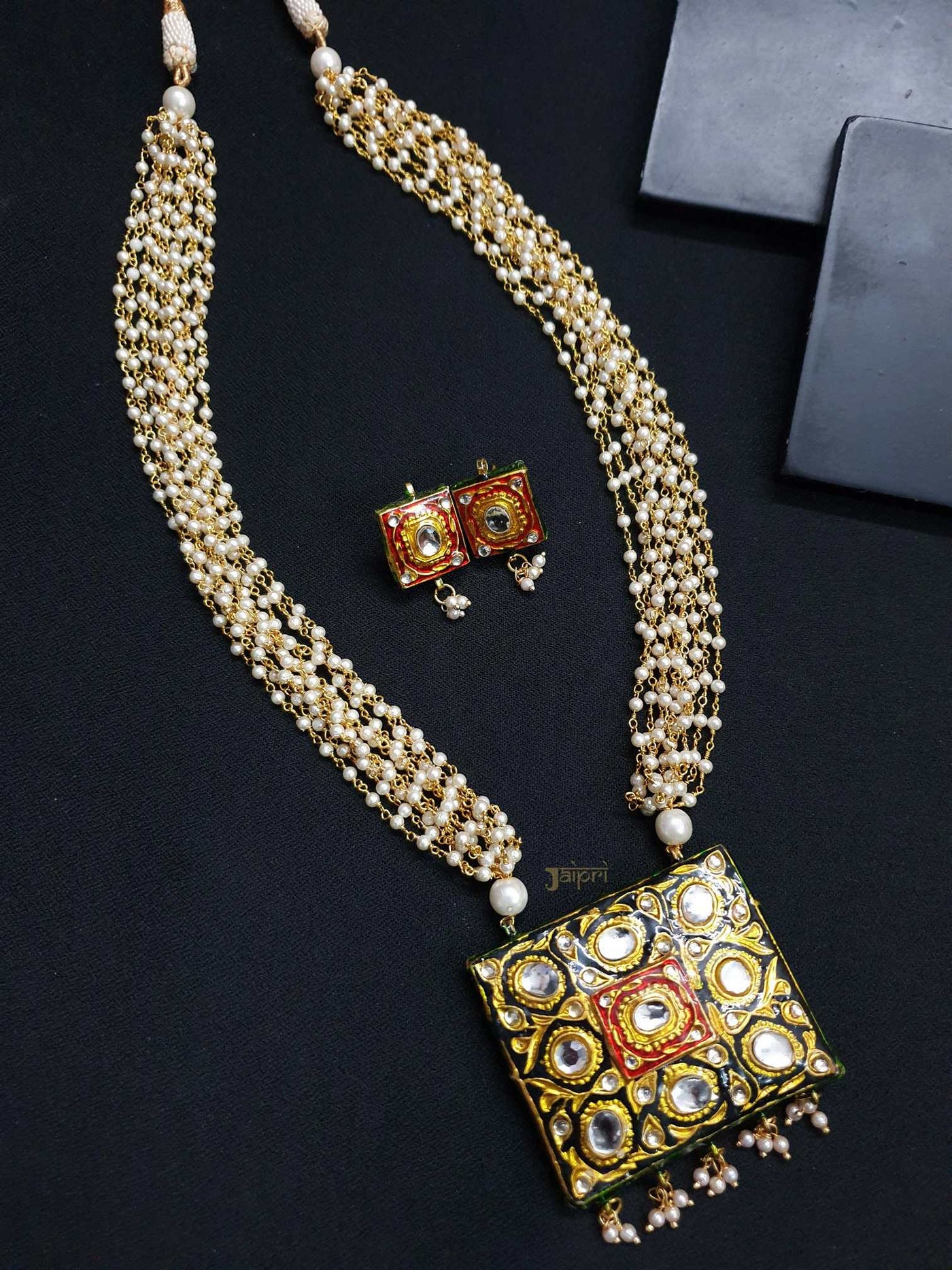 Pearl Beads Stone Meenakari Gold Pendant With Earrings